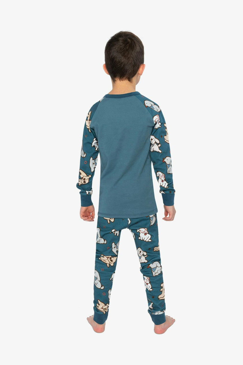 Organic Cotton Two Piece Pajama Set Turquoise Dog Print