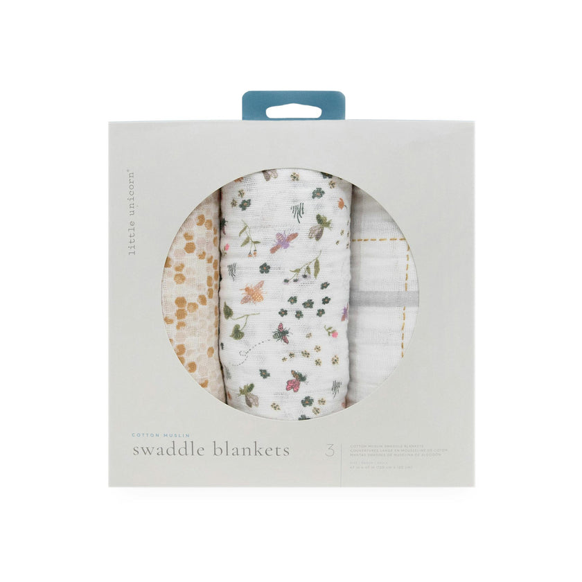 Cotton Muslin Swaddle Blanket 3 Pack - Garden Bees