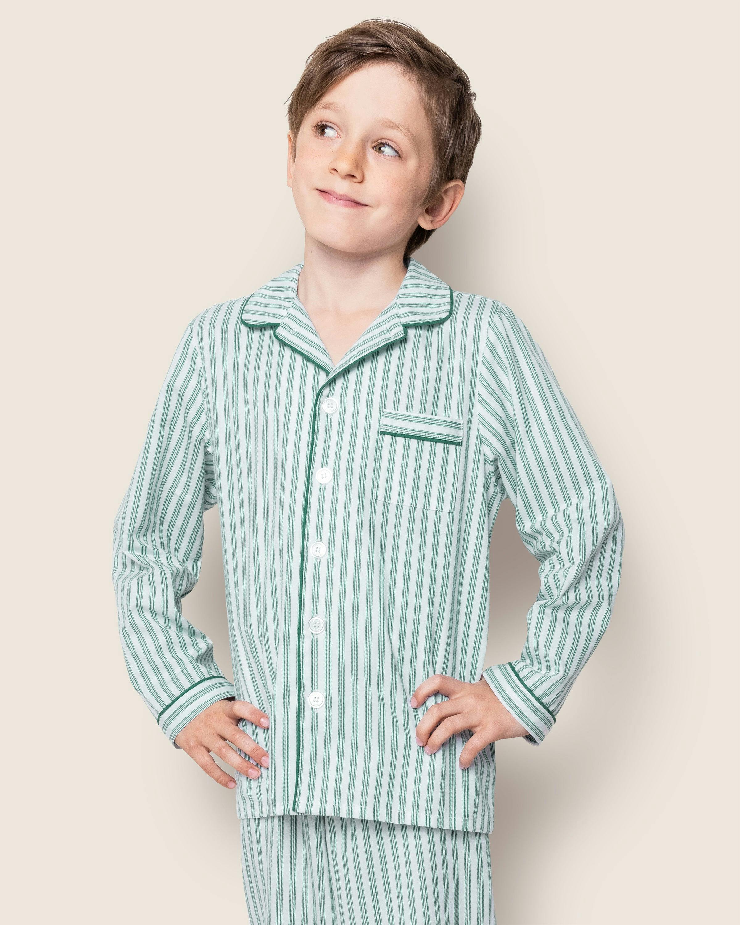 Kid's Twill Pajama Set in Emerald Ticking