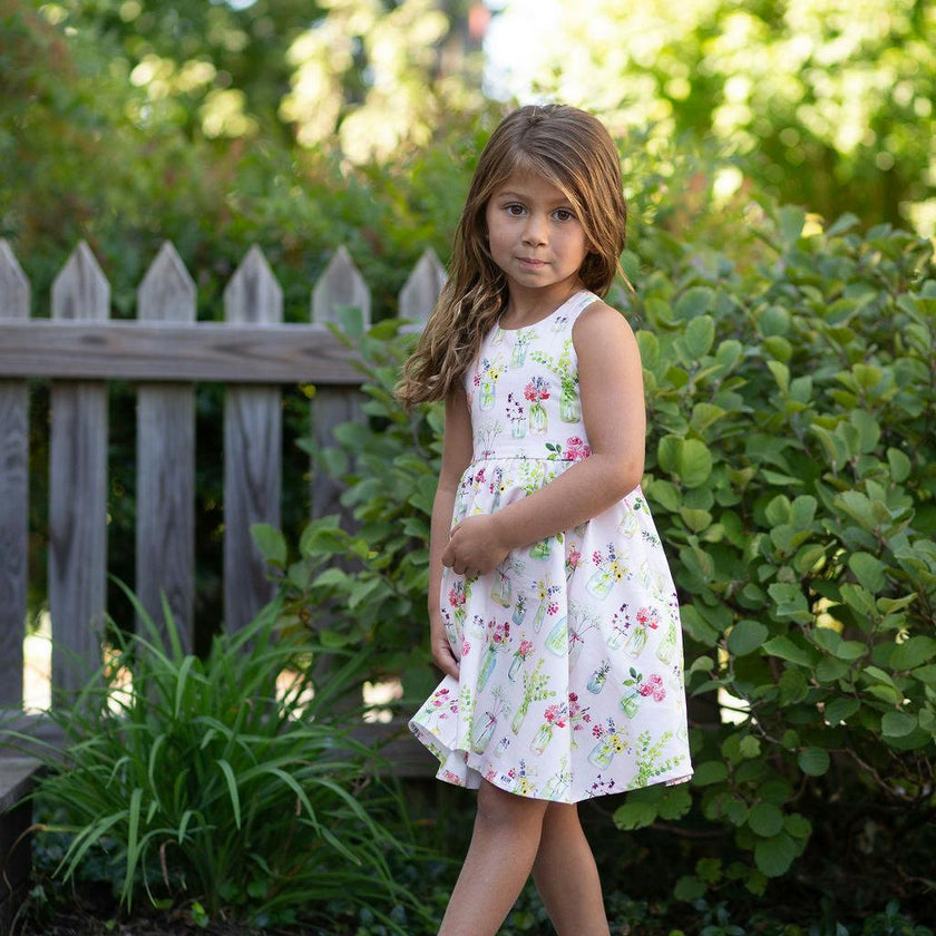 Cross Back Twirly Dress in Pink Plants