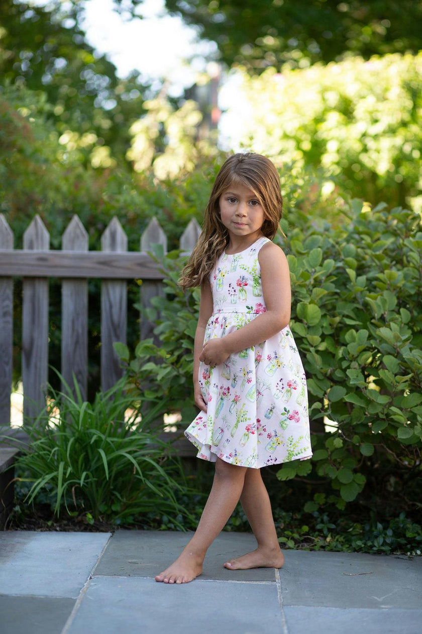 Cross Back Twirly Dress in Pink Plants