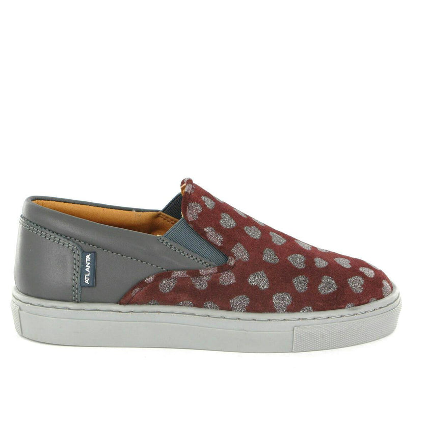 Leather Slip On Sneakers, Grey & Burgundy Hearts