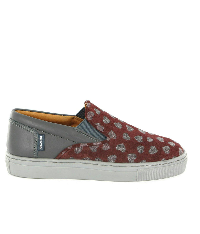 Leather Slip On Sneakers, Grey & Burgundy Hearts