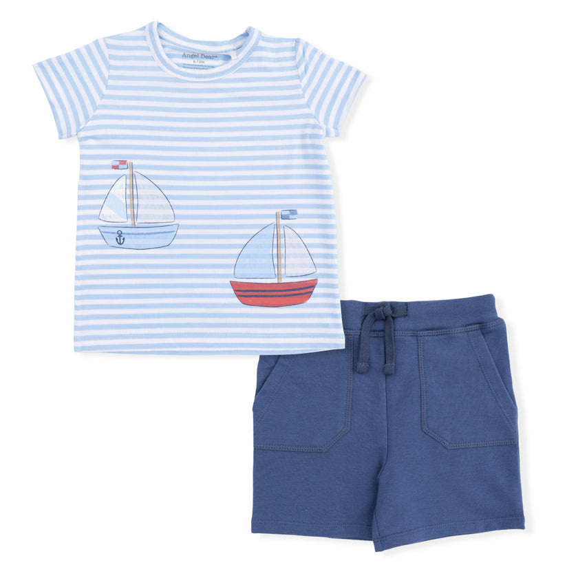 Bubbly Sailboat Stripe - Crew Neck Tee with Cargo Short