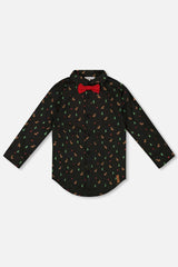 Printed Poplin Shirt Black And Multicolor With Bow Tie