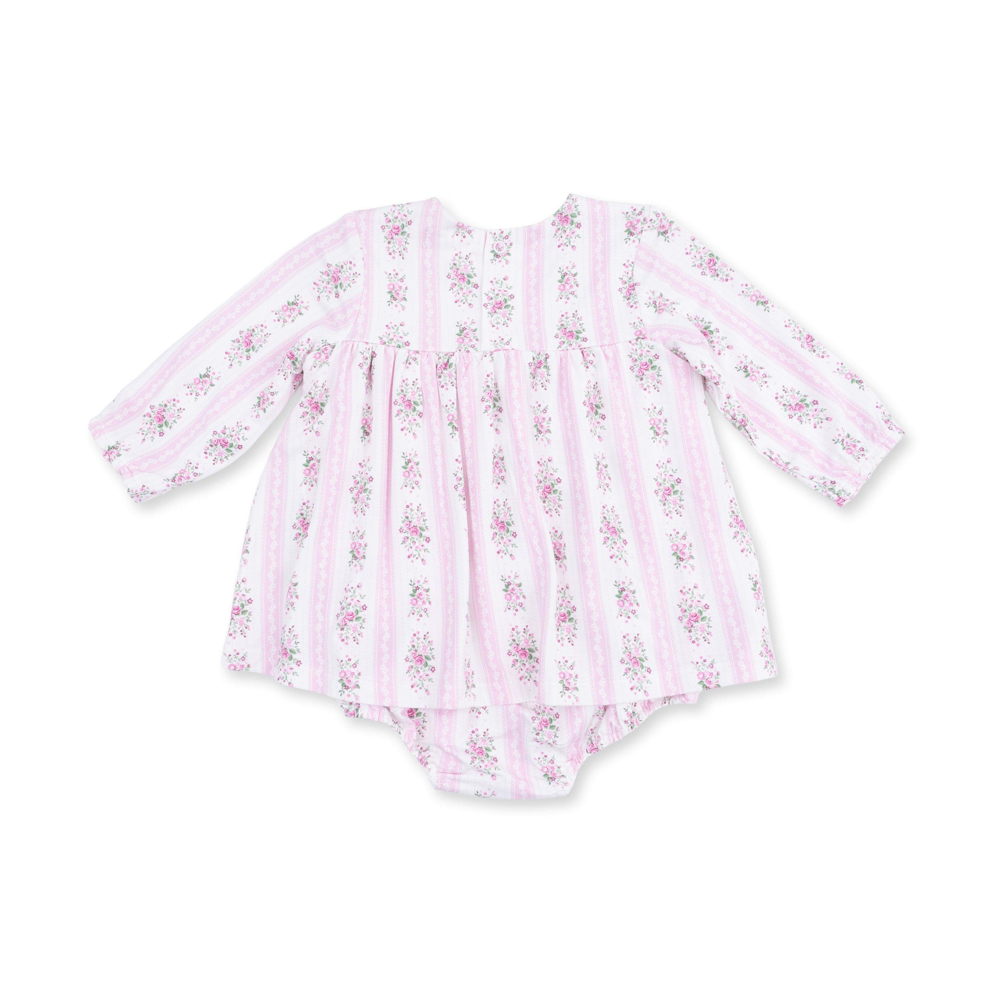 Bella Rose Stripe - Long Sleeve Smocked Ruffle Bubble with Skirt