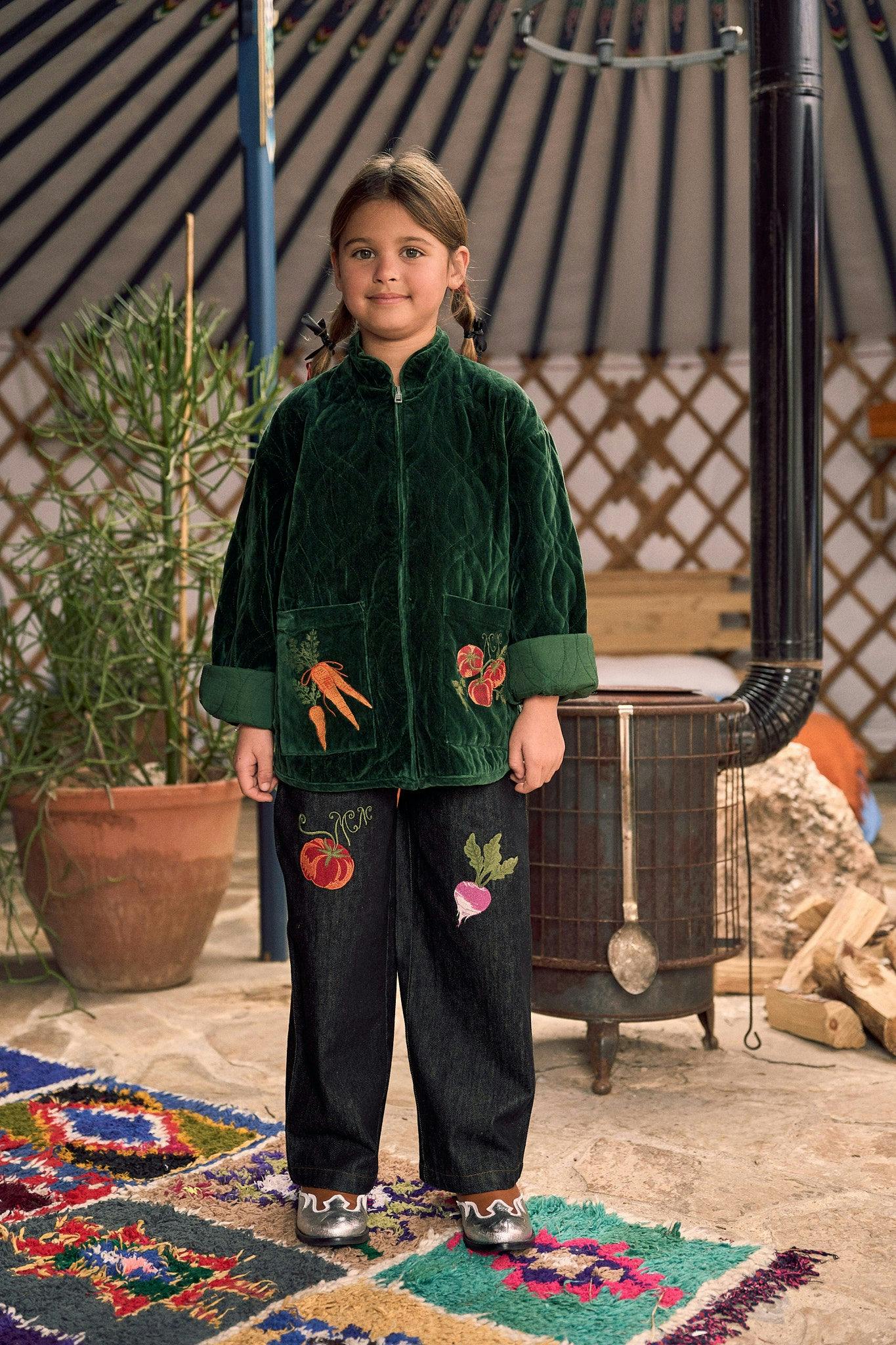 EMBROIDERY VEGETABLES VELVET JACKET GREEN