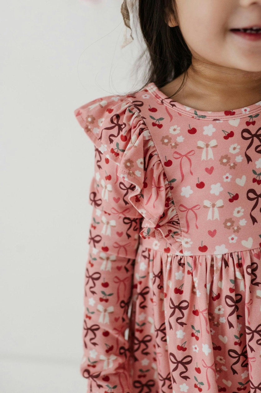 Girls Long Sleeve Ruffle Dress in Cherry Hearts