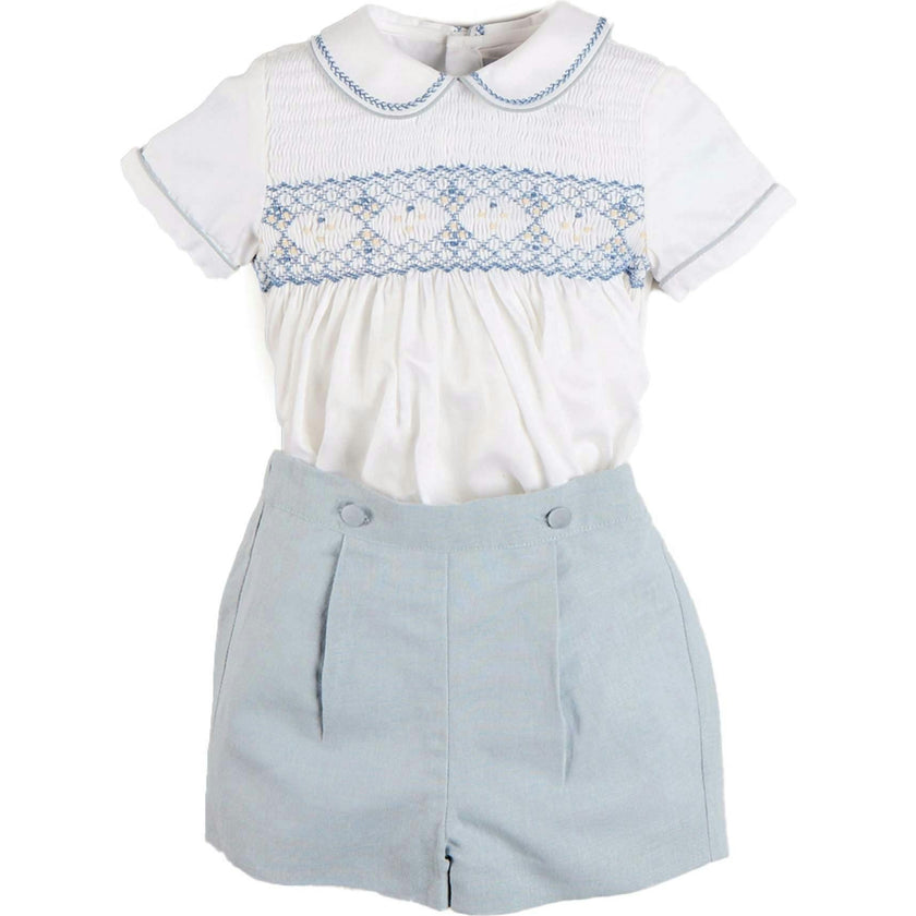 Hand Smocked Peter Pan Collar Short Sleeve Two Piece Set in Sky Blue (12mths-6yrs)