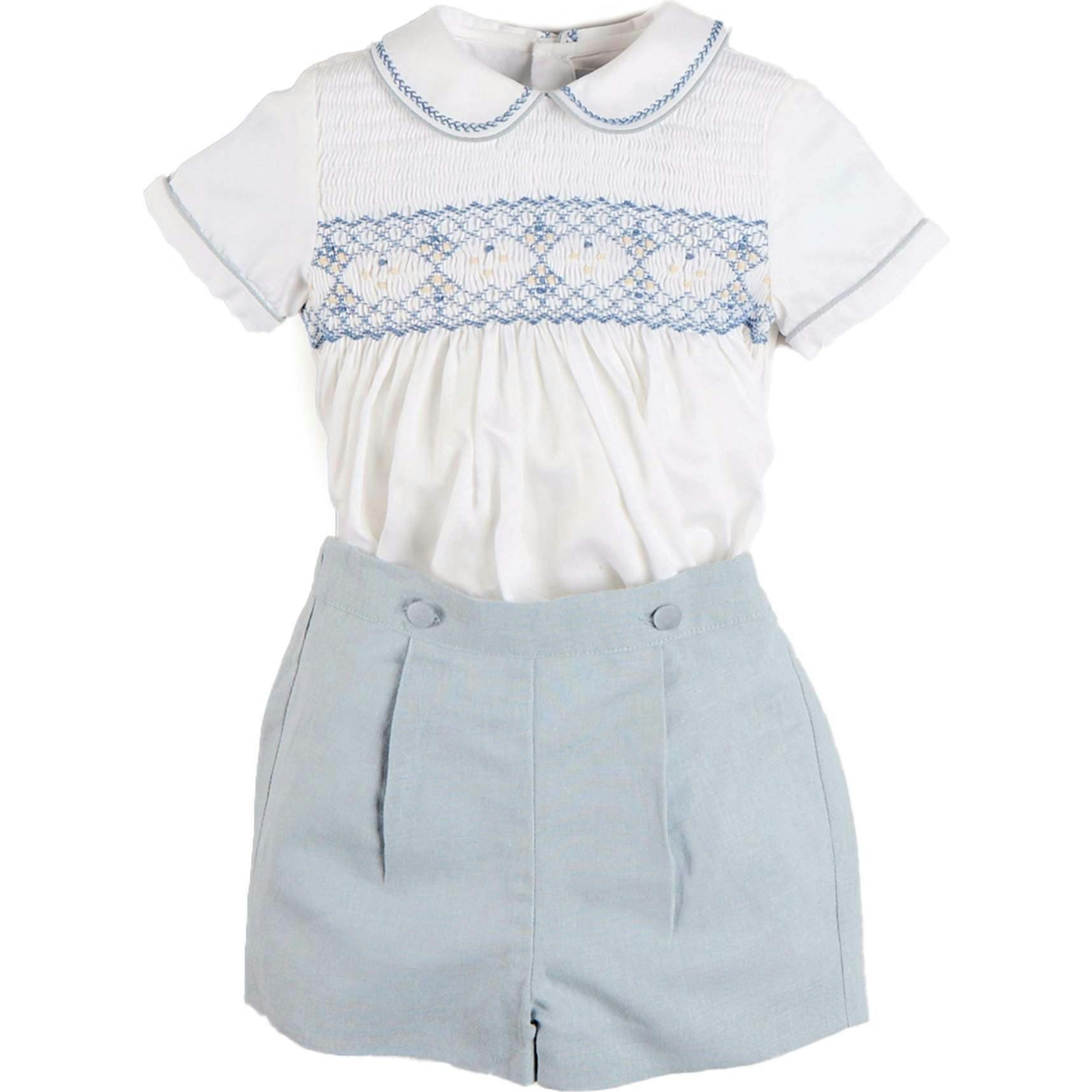 Hand Smocked Peter Pan Collar Short Sleeve Two Piece Set in Sky Blue (12mths-6yrs)