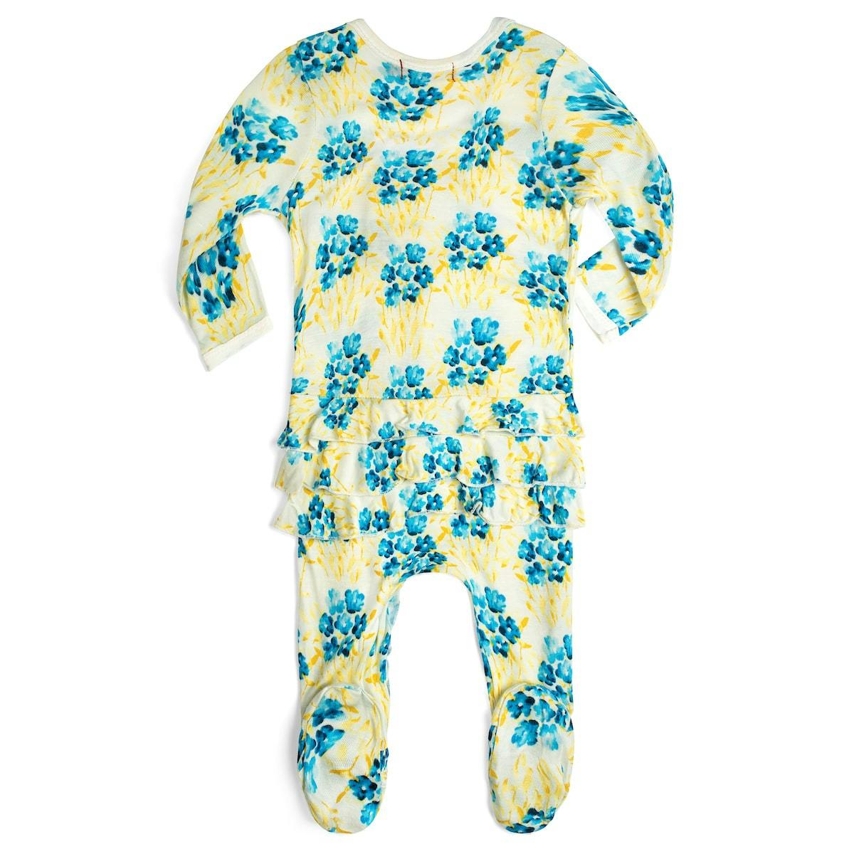 Sky Floral Bamboo Ruffle Zipper Footed Romper