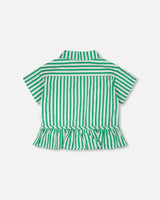 Short Sleeve Striped Button Down Shirt Green