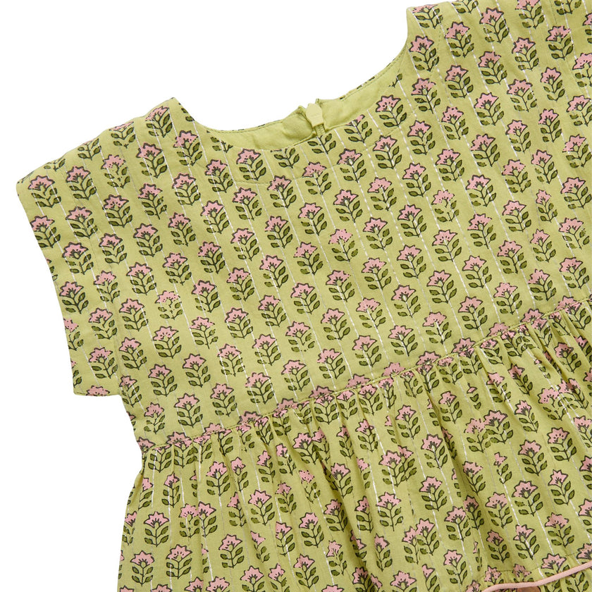 Girls Peachy Dress - Green Prairie Block Print