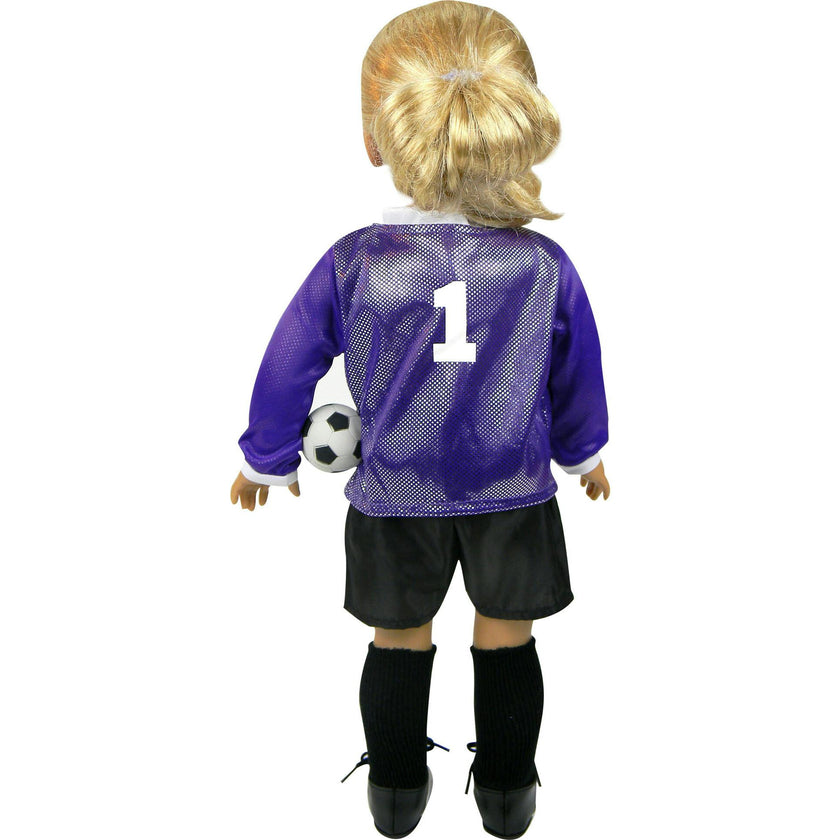 Sophia’s Purple Long-Sleeved V-Neck Jersey, Black Shorts, and Ball for 18” Dolls