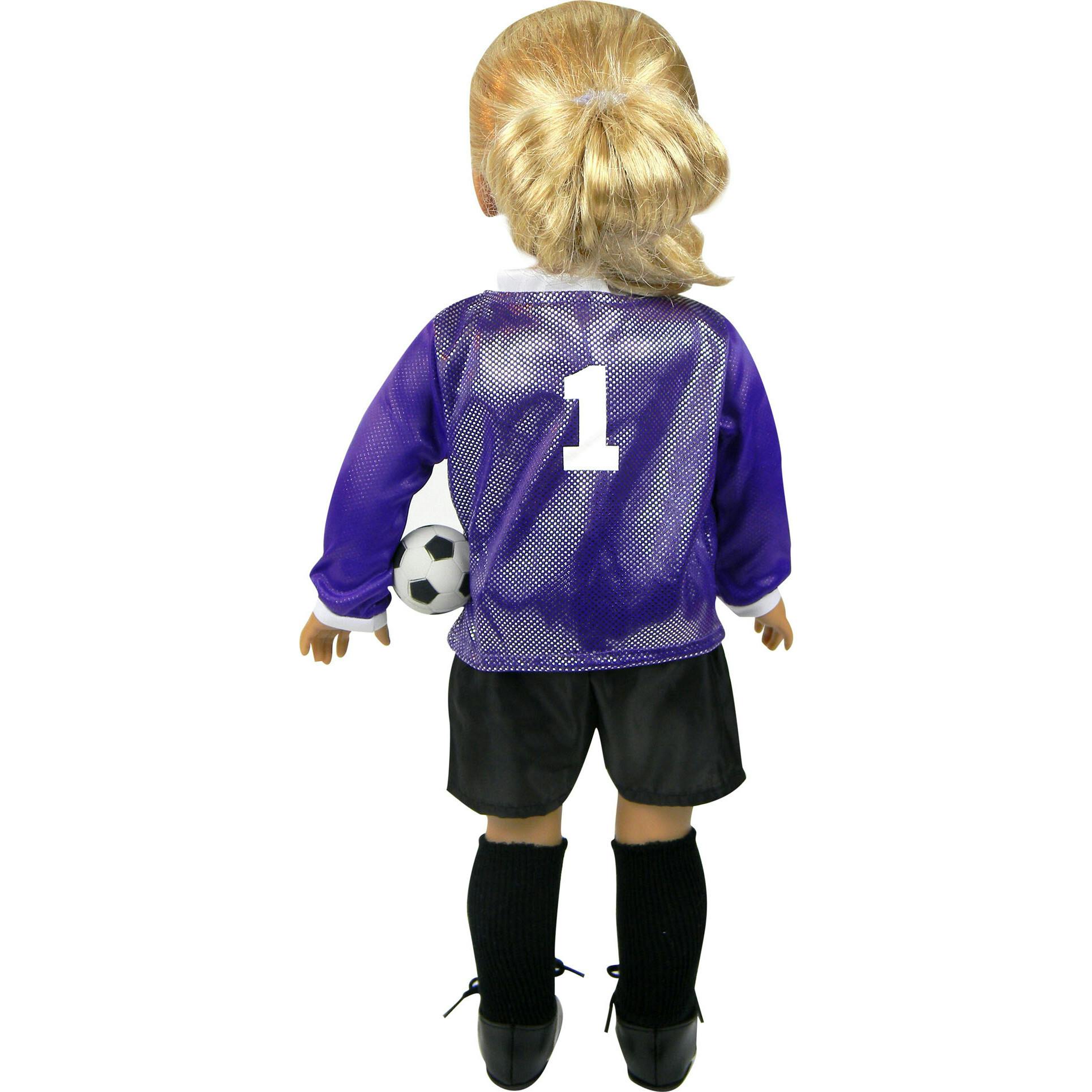 Sophia’s Purple Long-Sleeved V-Neck Jersey, Black Shorts, and Ball for 18” Dolls