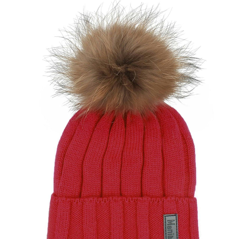 Ribbed Merino Wool Hat With Faux Fur Pom