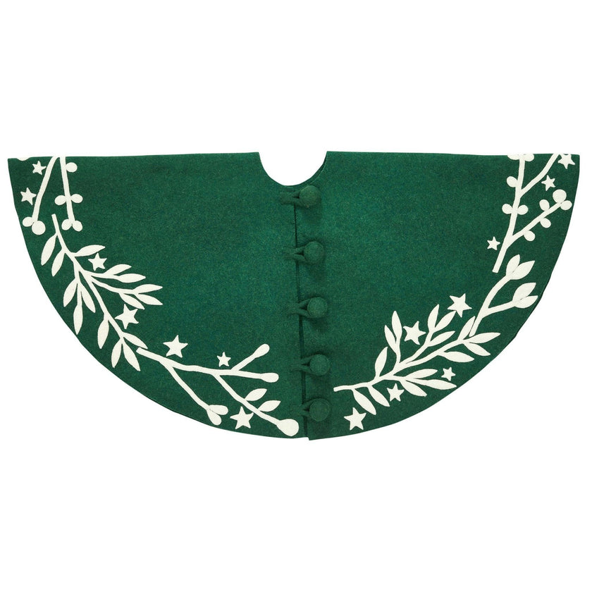 Handmade Felt Cream Branches and Stars Green Christmas Tree Skirt 60"