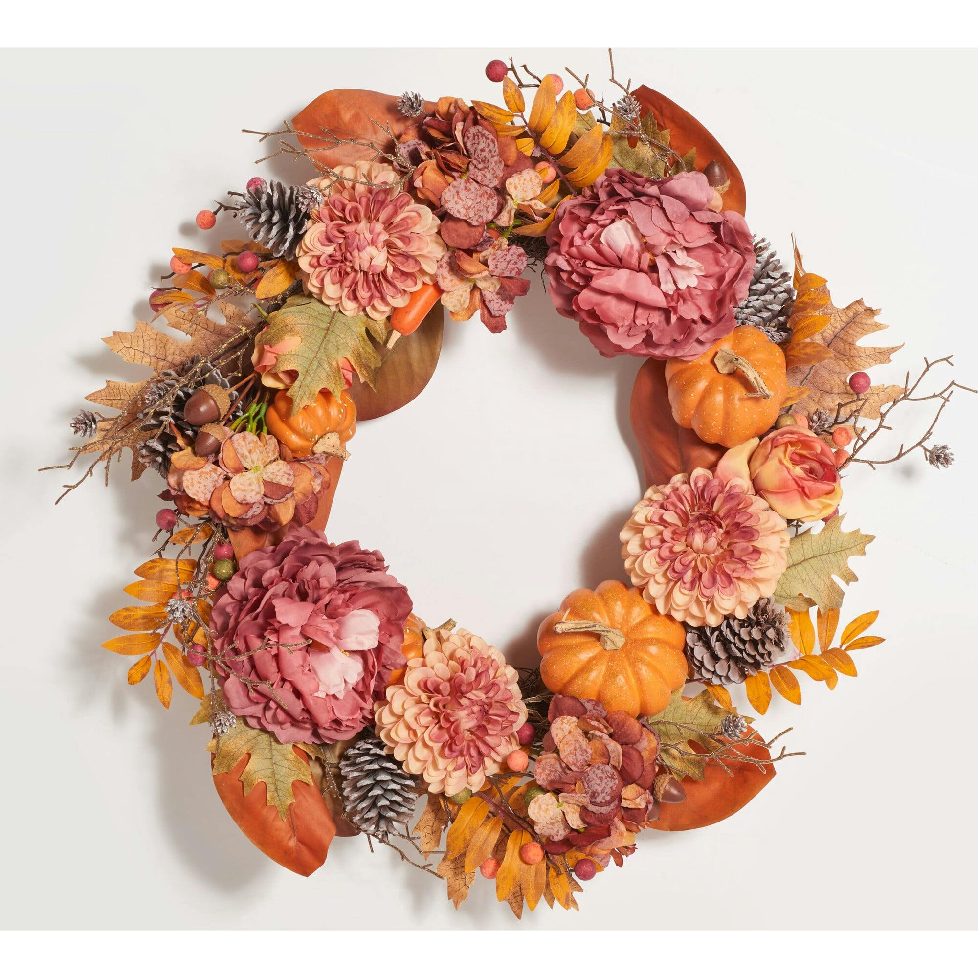 Faux 28 Inch Peony & Pumpkin Wreath with Pine Cones