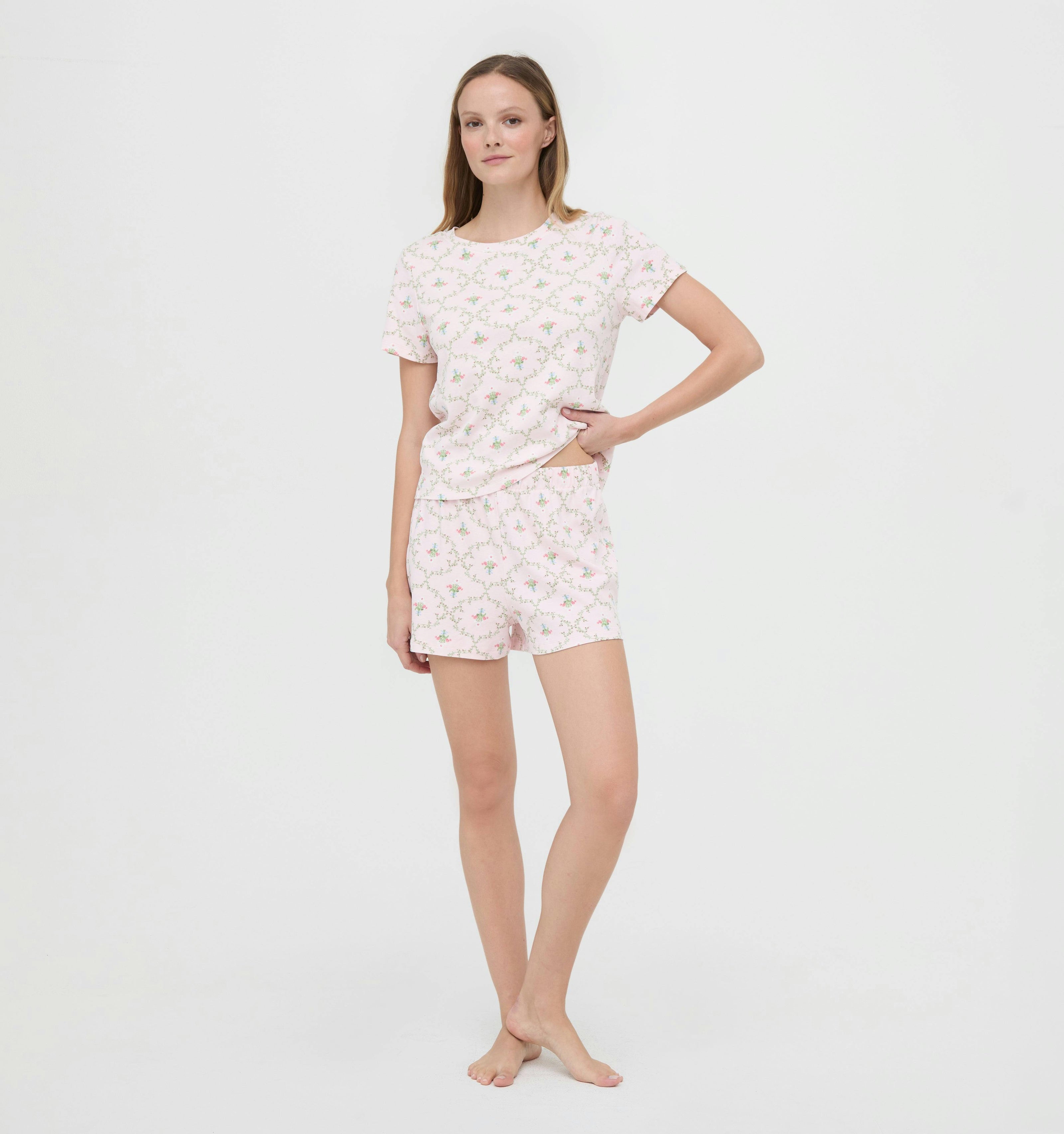 The Nina Pajama Set - Light Pink Trellis