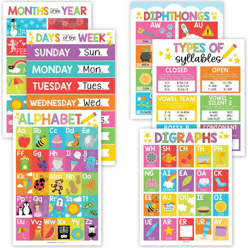 16-Piece Colorful Prek & Kindergarten Posters & 9-Piece Phonics & Vowels Posters