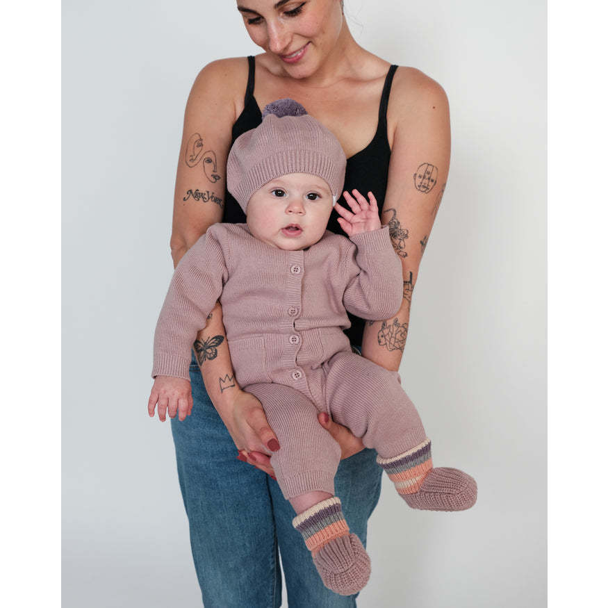 Chunky Ribbed Cotton Knit Pom Pom Beret, Pink