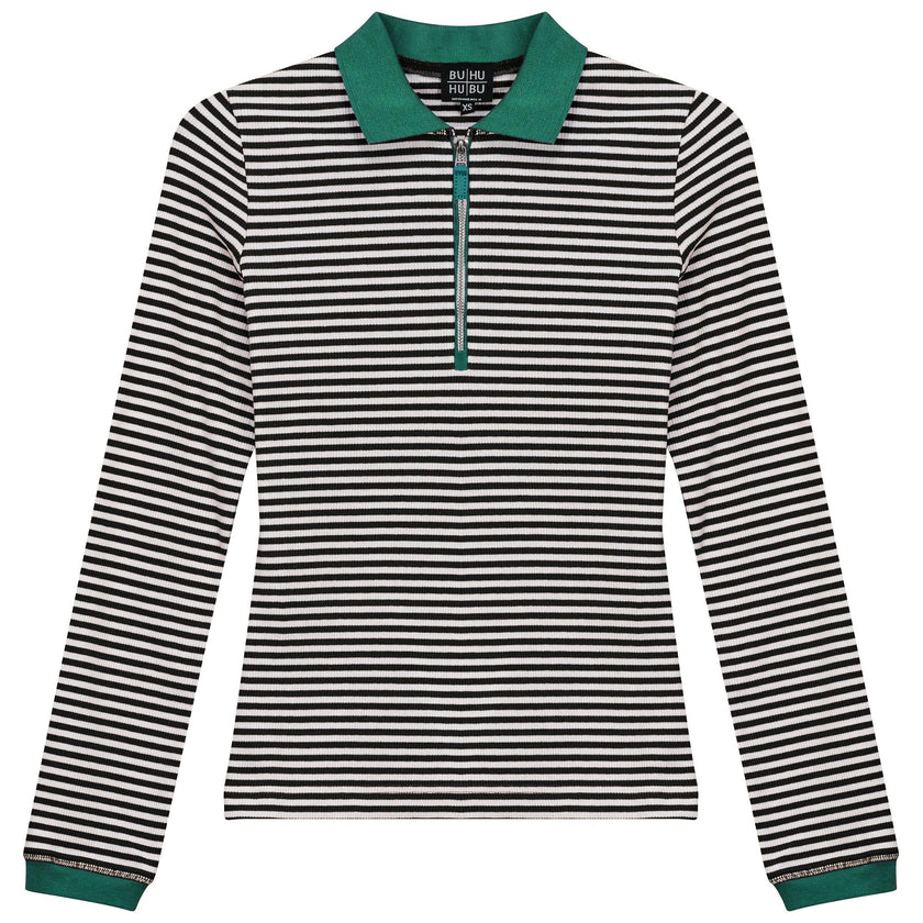 Stripped Ribbed Zipper Henley Tee