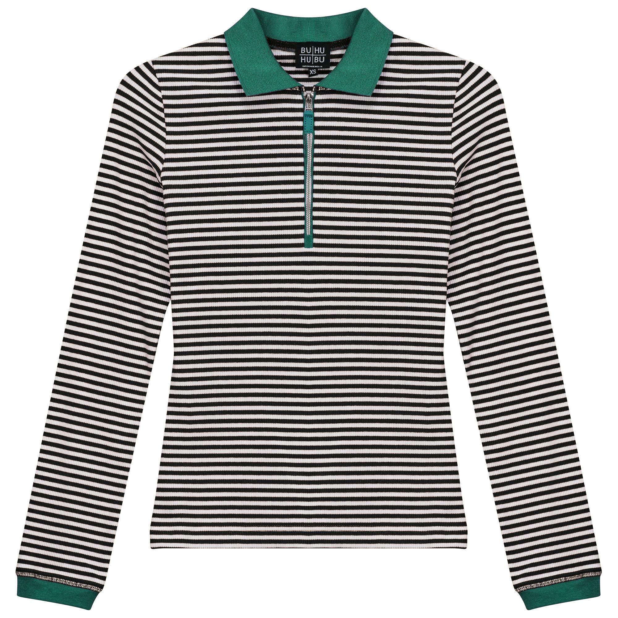 Stripped Ribbed Zipper Henley Tee