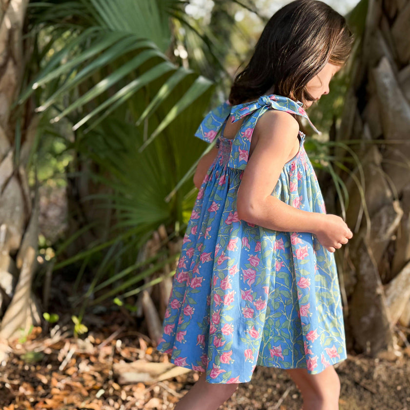 Loblolly Dress in Blue with Pink Bougainvillea
