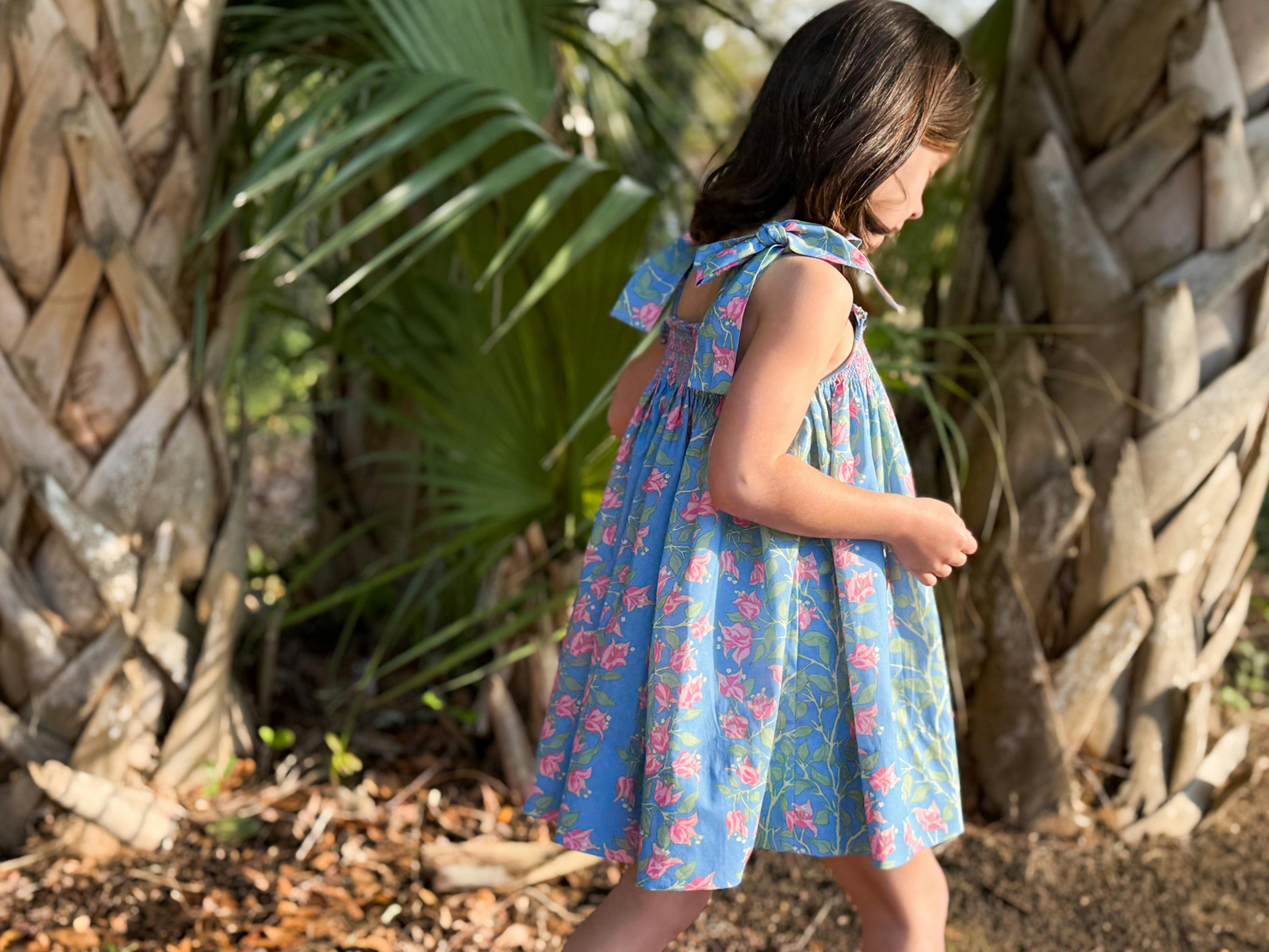 Loblolly Dress in Blue with Pink Bougainvillea