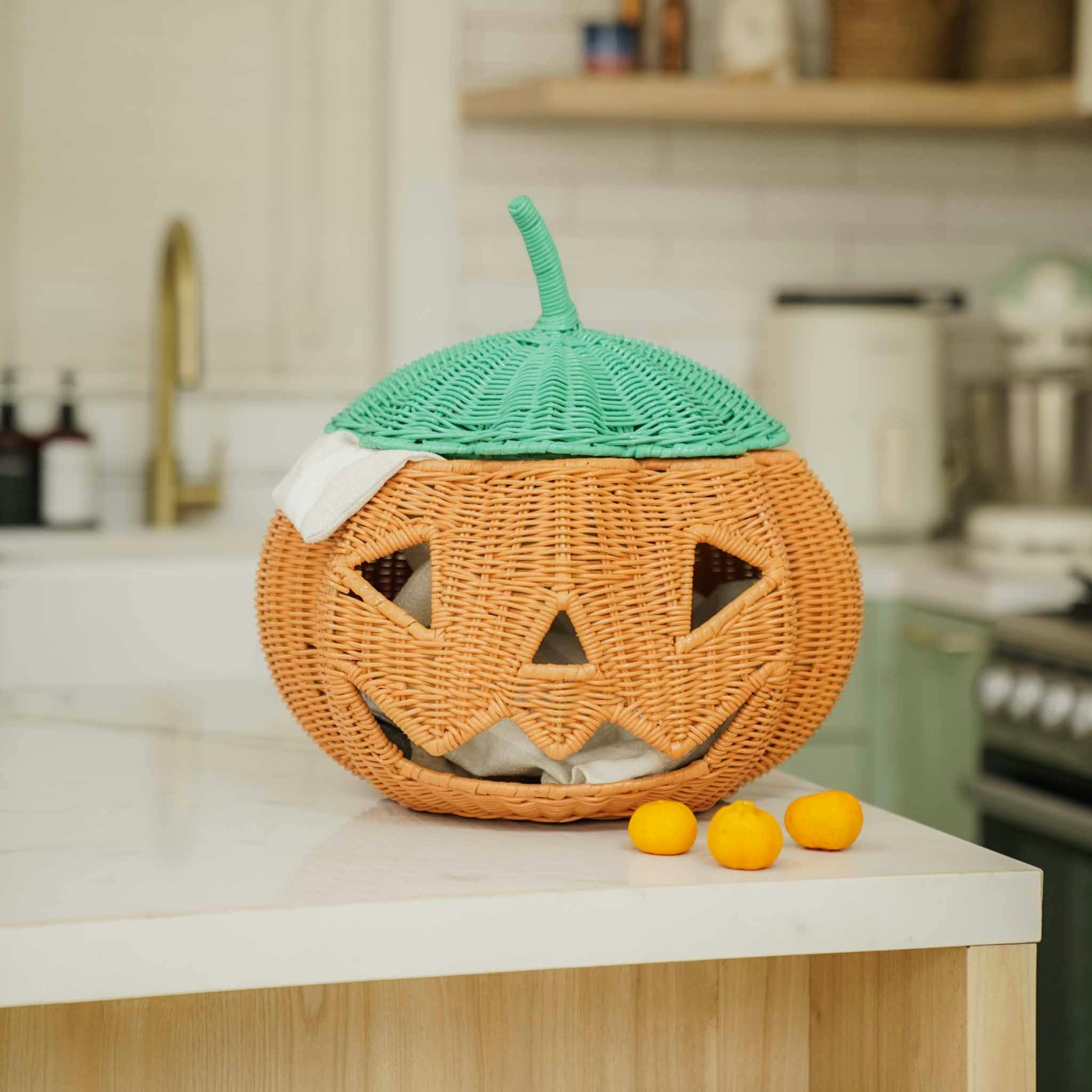 Handcrafted - Pumpkin Face Basket - Rattan Wicker