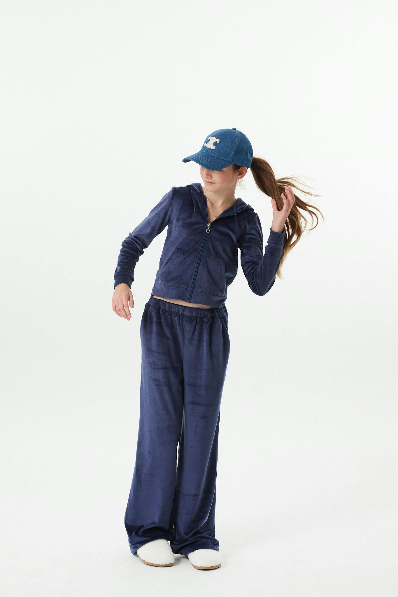 Elle Navy Stretch Velour Zip up Hoodie Sweatshirt