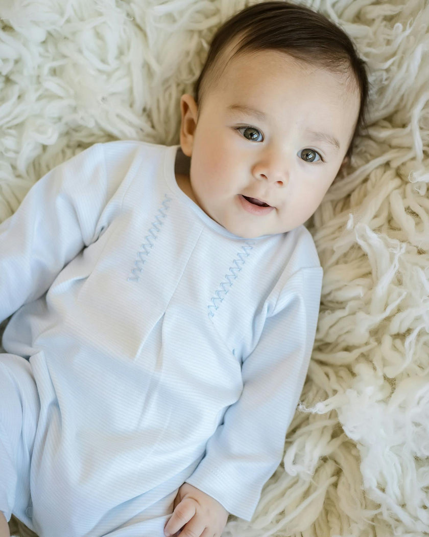 Blue Mini Stripe Long One Piece Embroidered Detail