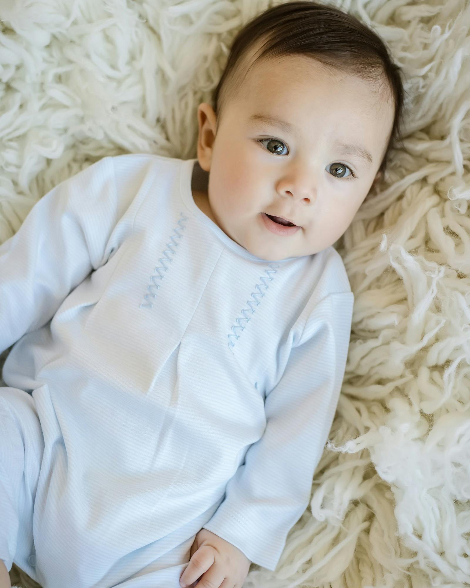 Blue Mini Stripe Long One Piece Embroidered Detail