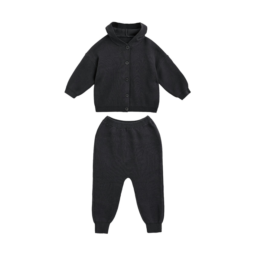 Gray Beige Cotton Knit Hoodie Set