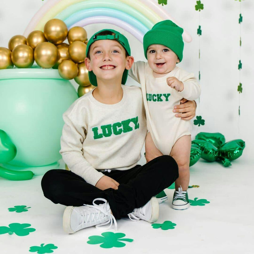 Lucky Varsity Patch St. Patrick's Day Long Sleeve Romper