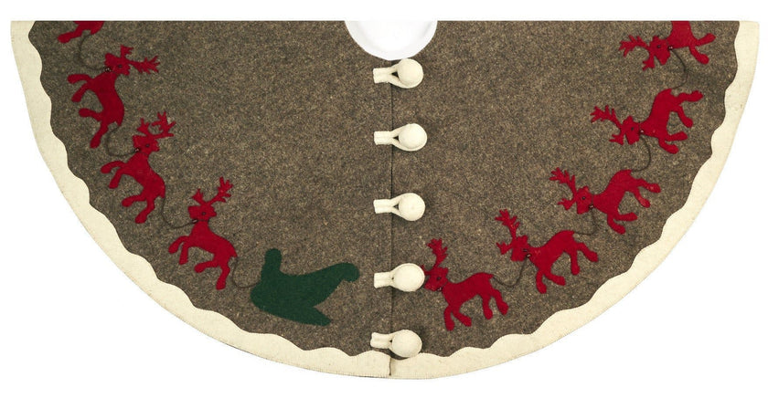 Hand Felted Wool Reindeer and Sleigh Christmas Tree Skirt