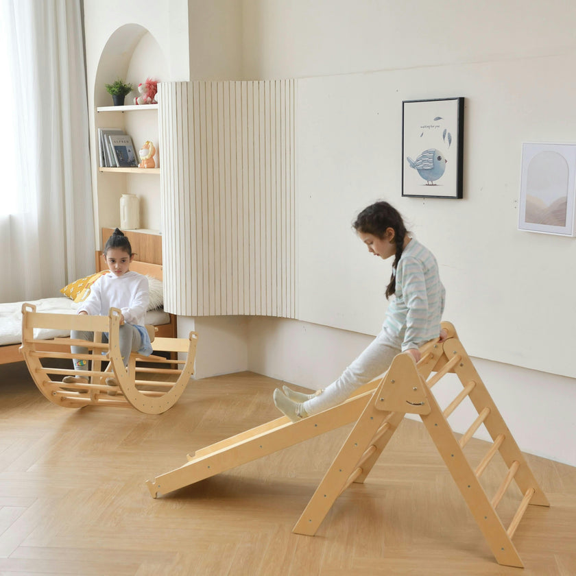 Bazel 6-in-1 Pikler Climber Set | Wooden Triangle, Rocker Arch & Slide for Toddlers