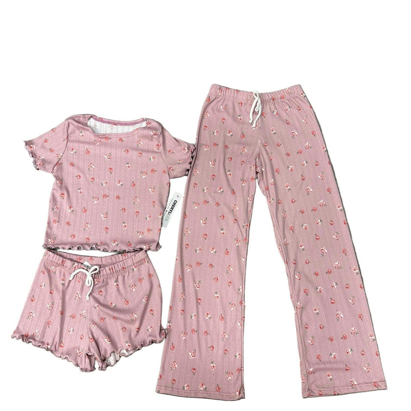 Girls Printed Lounge 3 Pc Short Sleeve Top Pants and Shorts Set