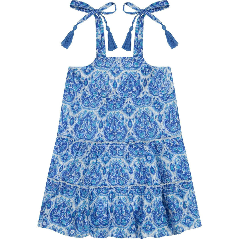 Bella Girl's Shoulder Tie Sundress Blue Paisley, Blue