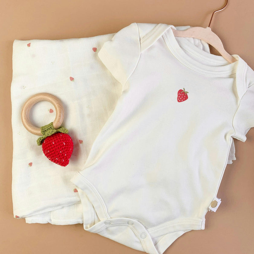 Swaddle Onesie and Teether Set - Strawberry