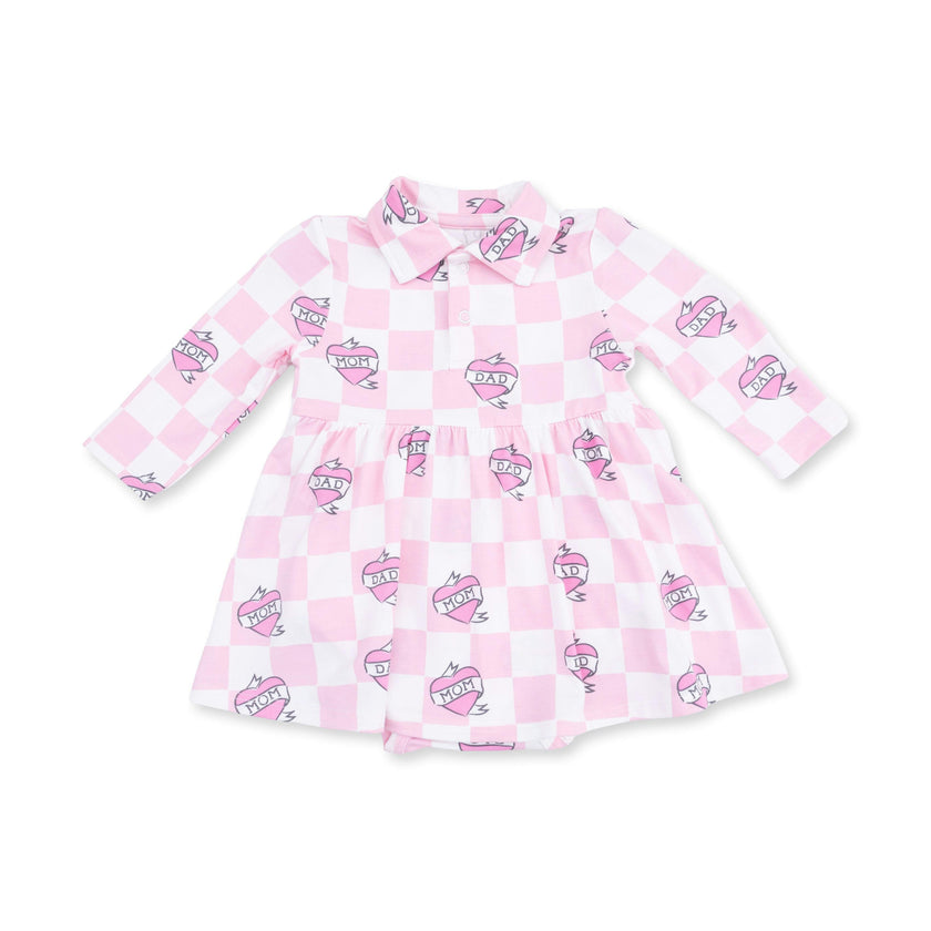 Heart Tattoo Check Pink - Long Sleeve Tennis Bodysuit Dress