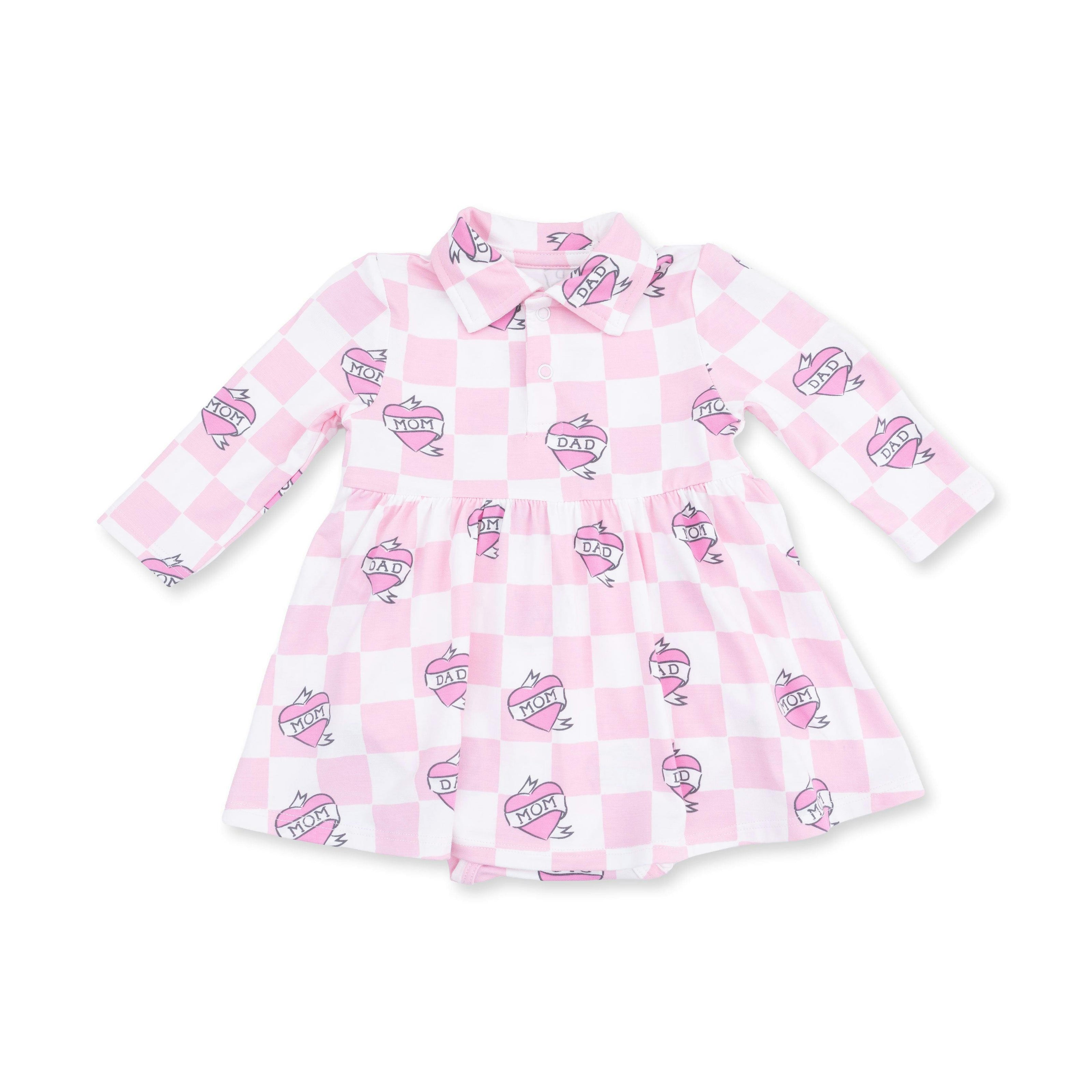 Heart Tattoo Check Pink - Long Sleeve Tennis Bodysuit Dress