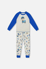 Two-Piece Organic Cotton Pajama Set Beige Monkey Print