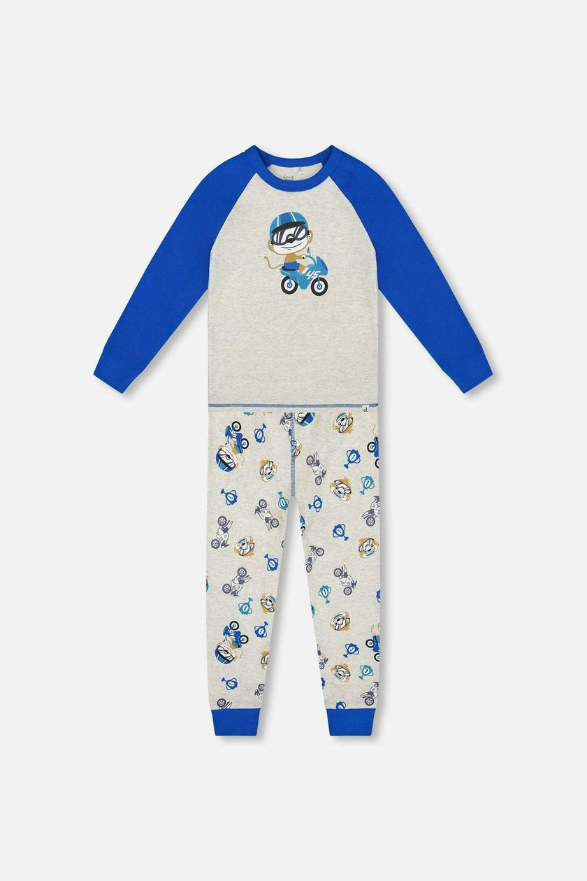 Two-Piece Organic Cotton Pajama Set Beige Monkey Print