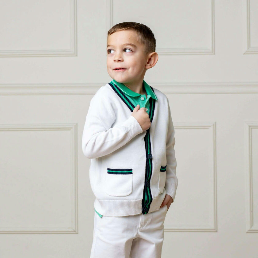 Organic Long Sleeve Tipped Cardigan Sweater, White