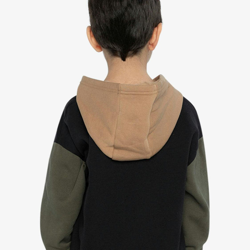 Hooded Colorblock Fleece Cardigan Black, Green and Beige