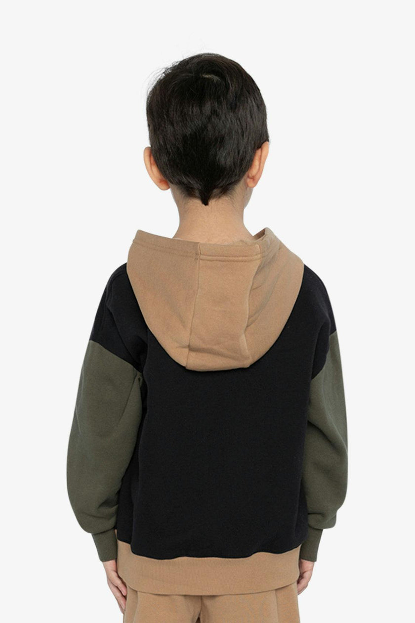 Hooded Colorblock Fleece Cardigan Black, Green and Beige