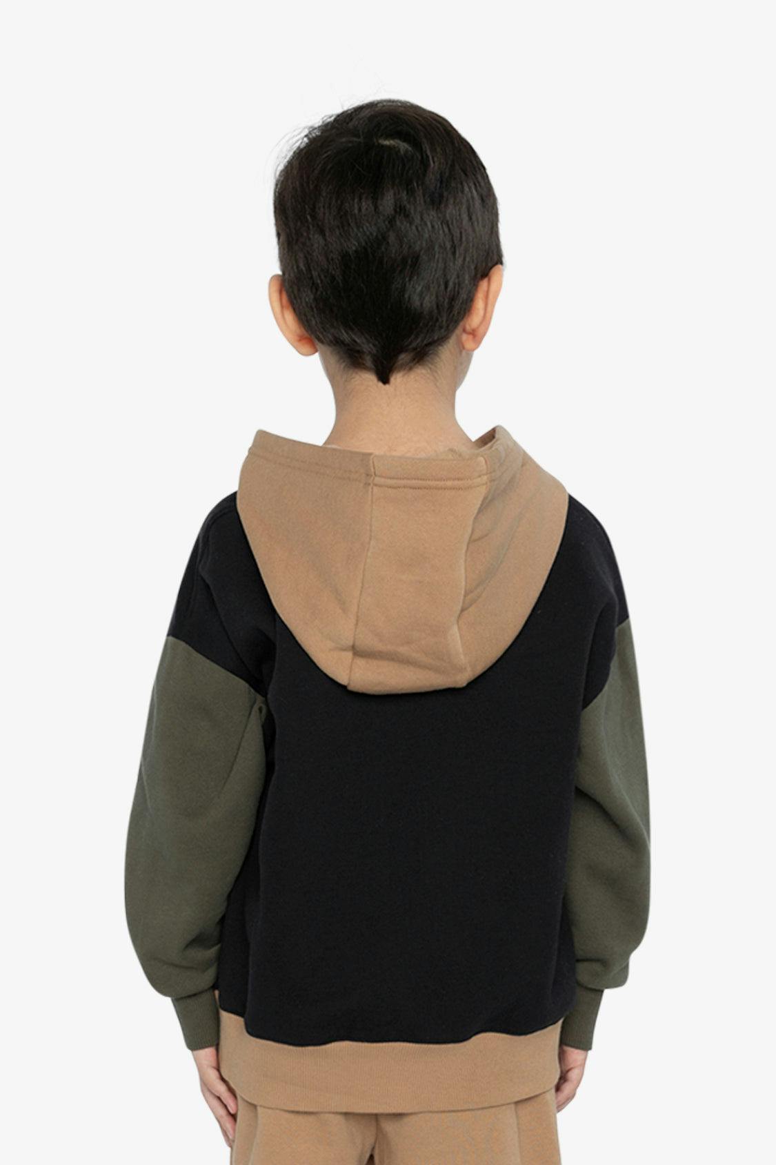 Hooded Colorblock Fleece Cardigan Black, Green and Beige