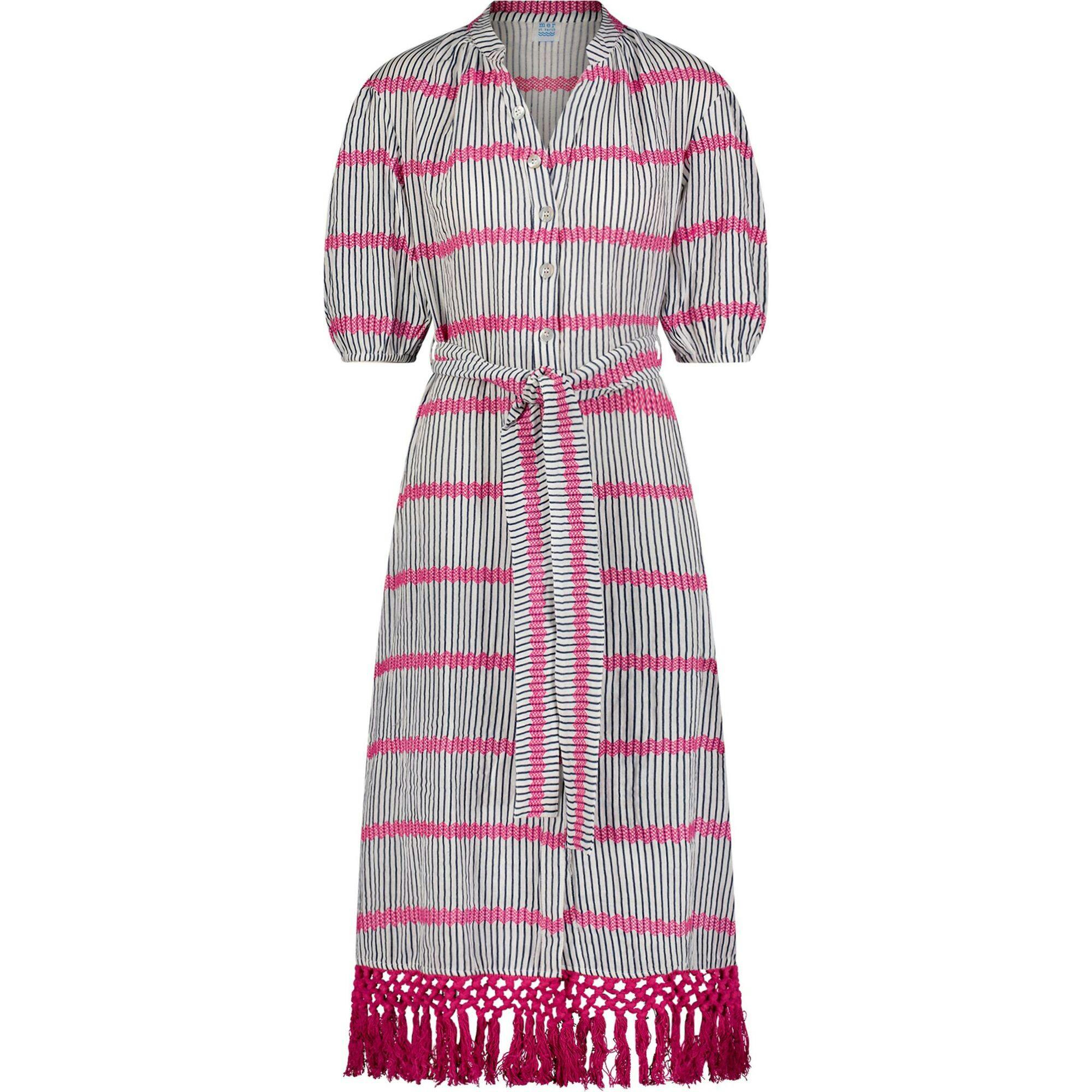 Estelle Womens Fringed Shirtdress Marine Stripe Embroidery, Blue