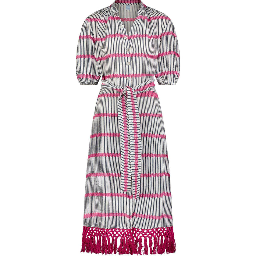 Estelle Womens Fringed Shirtdress Marine Stripe Embroidery, Blue
